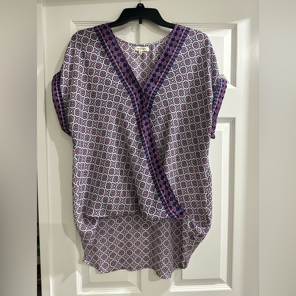 Max Studio Women's Faux Wrap Top High Low Short Cap Sleeves Blouse Large